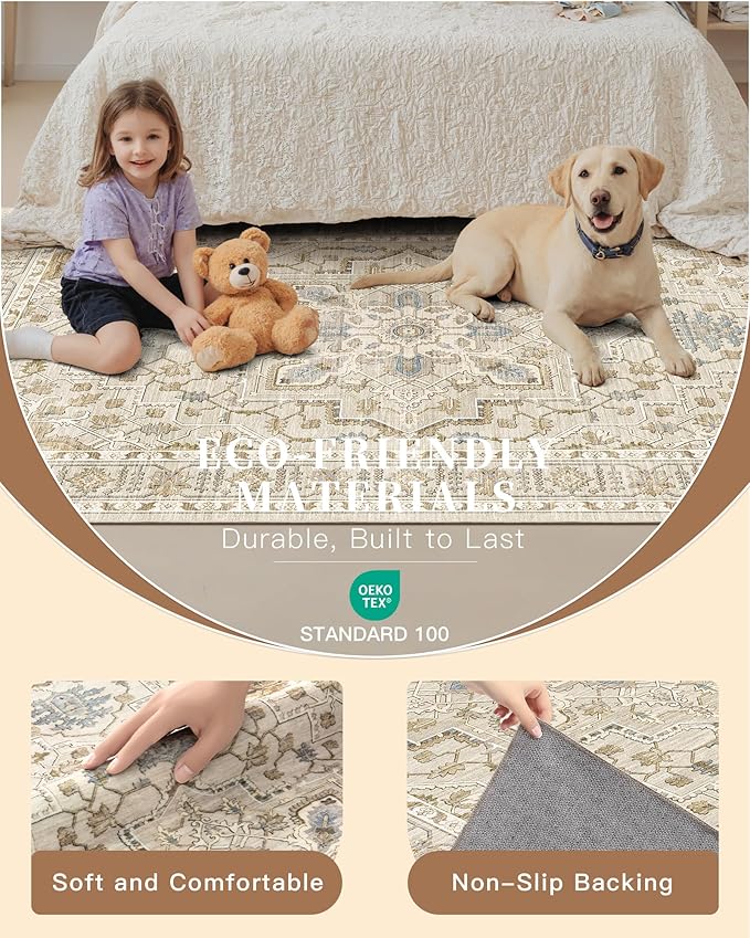 Madane Runner Rug 2'6''x8' Kitchen Runners, Printed Vintage Washable Hallway Rugs Soft Non-Slip Low Pile 2.5x8 ft Runners for Hallways Laundry Room Rug, Beige/Blue