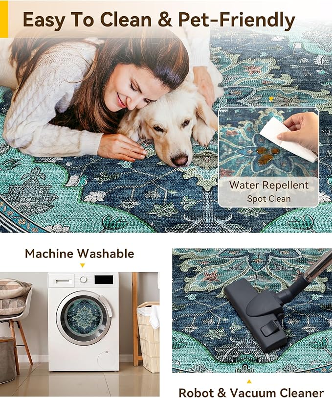 Area Rugs 4ft Washable Non-Slip, Floral Vintage Distress Print Pattern Medallion Carpet for Living Room Bedroom Dining Room, Teal Green Lake Blue Turquoise