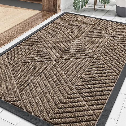 Smiry Front Door Mat Outside Entrance, Heavy Duty Sturdy Natural Rubber Doormat, Trap Dirt and Moisture, Easy Clean Low Profile Mats for Indoor Outdoor Entry, Irregular Triangle (29.5x17, Taupe)