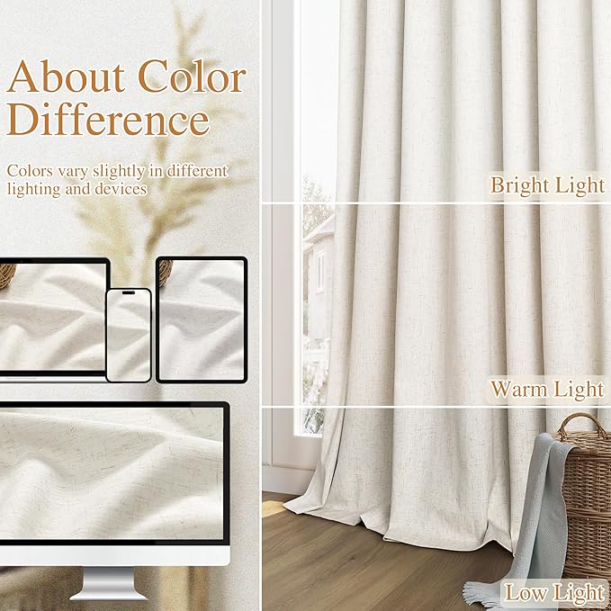 Guken Cream 100% Blackout Linen Curtains 96 Inch Length 2 Panels Set for Living Room Bedroom Back Tab Thermal Insulated Black Out Drapes Room Darkening Window Curtains Ivory Natural
