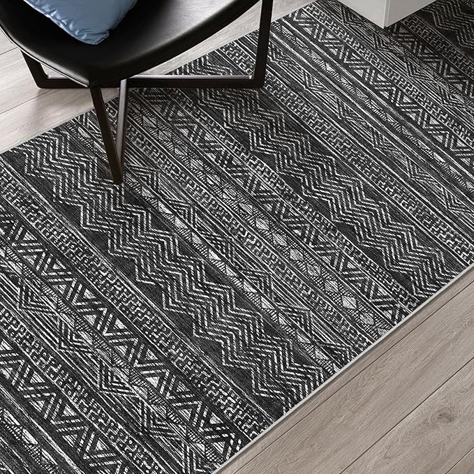2x3 Washable Entryway Area Rug: Moroccan Small Runner Rug for Hallway Soft Modern Non Slip Door Mat with Rubber Backing Low Pile Thin Floor Carpet for Kitchen Bathroom Bedroom Indoor(Black,2x3)