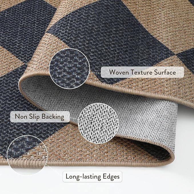 Lahome Colette Checkered Easy Jute Entryway Rug, 3x5 Washable Area Rugs for Living Room Outdoor Patio, Non Slip Blue Indoor Door Mat Checkerboard Throw Carpet for Entry Front Door Guestroom Deck