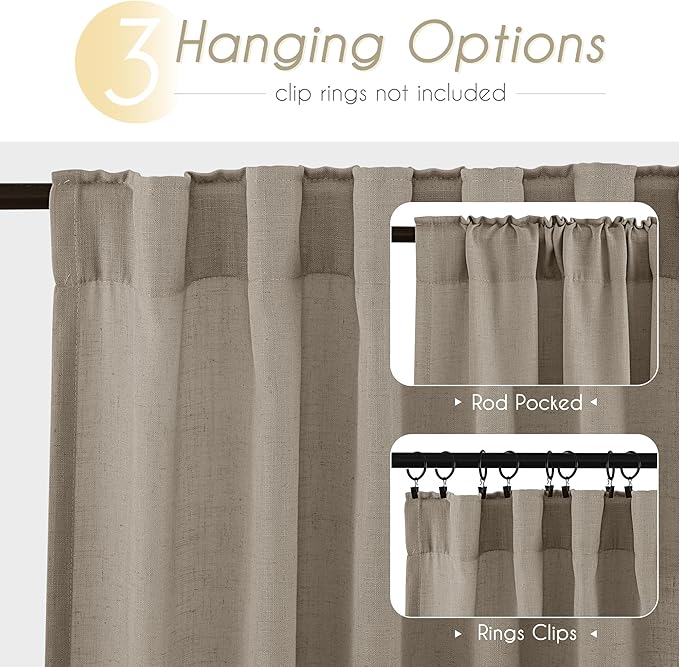 Taupe Linen Curtains 108 inches Long for Living Room Back Tab Rustic Farmhouse Semi Sheer Light Filtering Window Curtain Dining Room Soft Thick Flax Linen Textured Drapes Burlywood Birch Dark Brown