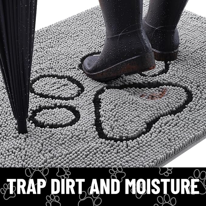 Smiry Dog Door Mat for Muddy Paws, Absorbent Dirt Trapper Non Slip Quick Dry Washable Chenille Mat for Mud Dogs, Entry Rug for Indoor and Outdoor (59x24 Inches, Grey and Black)
