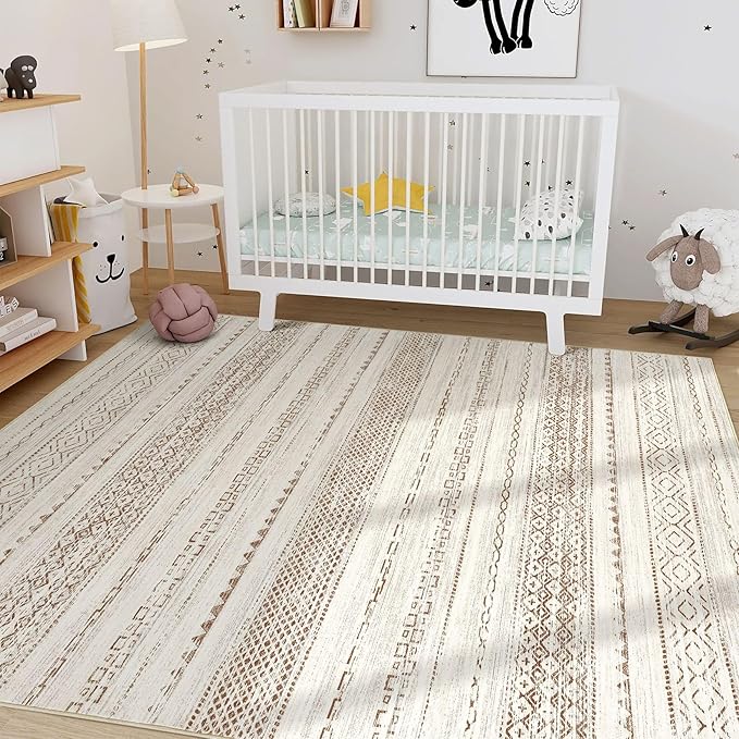 Nakagishi Area Rugs 8x10 Living Room: Washable Boho Large Neutral Soft Farmhouse Rug Stain Resistant Modern Geometric Non-Slip Indoor Floor Carpet for Bedroom Nursery Kids Playroom Office- Brown