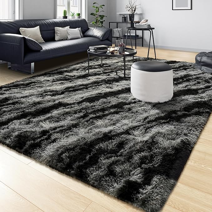 Tepook Soft Fluffy Rugs for Bedroom, 4x6 Area Rug for Living Room, Modern Shaggy Room Rug for Kids Boys Girls, Plush Throw Rugs Indoor Nursery Home Decor Rug with Non-Slip Bottom, Black Grey