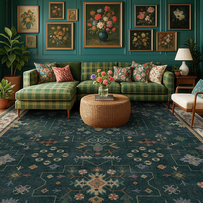 Hazo Haus Dark Green Oushak Living Room Rug 10x14 - Modern Vintage Boho Eclectic Floral Pastel, Washable Low Pile Non-Slip Extra Large Area Rugs for Dining Under Table Bedroom Lounge