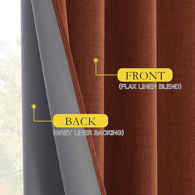 NICETOWN 100% Absolutely Blackout Linen Curtains with Thermal Insulated Liner, 52" Wide, 2 Panels, 45" Long Drapes, Grommet Retro Burnt Orange Linen Curtains Vertical Drapes Privacy for Bedroom