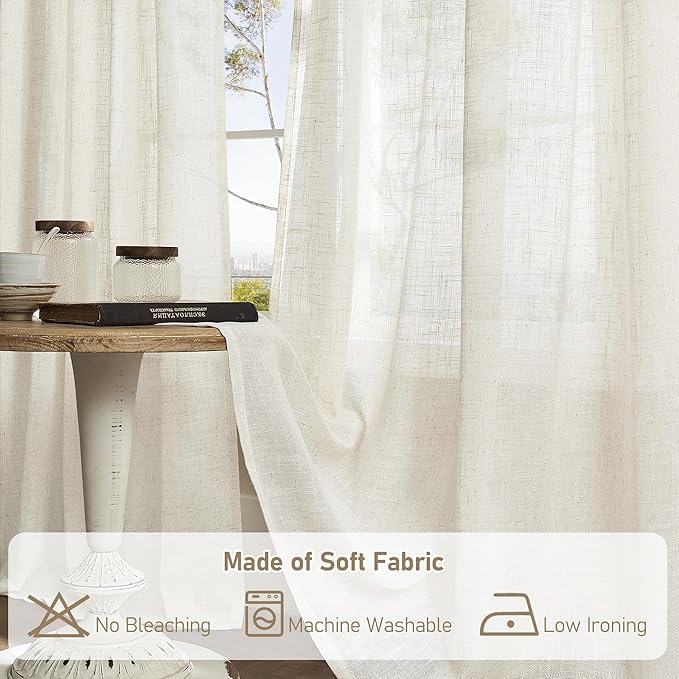 LAMIT Natural Linen Semi Sheer Curtains 78 Inch for Bedroom, Light Filtering Neutral Window Curtains Farmhouse Boho Back Tab and Rod Pocket Panels, Natural Cream Ivory, 2 Panels, 52 x 78 Inch
