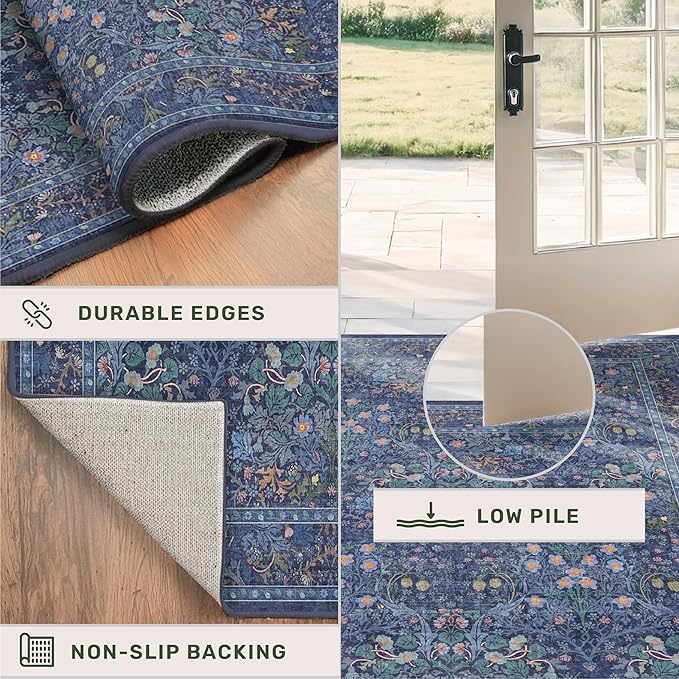 Washable Dark Blue Rug for Living Room - 10x12 Large Area Rug for Dining Room Under Table, Bedroom, Soft Low Pile Non-Slip Stain Resistant Carpet - Vintage Navy Floral Design