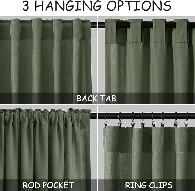 Nanspring Olive Green Linen Sheer Back Tab Curtains 45 Inch Length Semi Sheer Light Filtering Short Curtain Country Style Small Window Drapes for Bathroom/Kitchen/Kids Room 2Panels 40x45