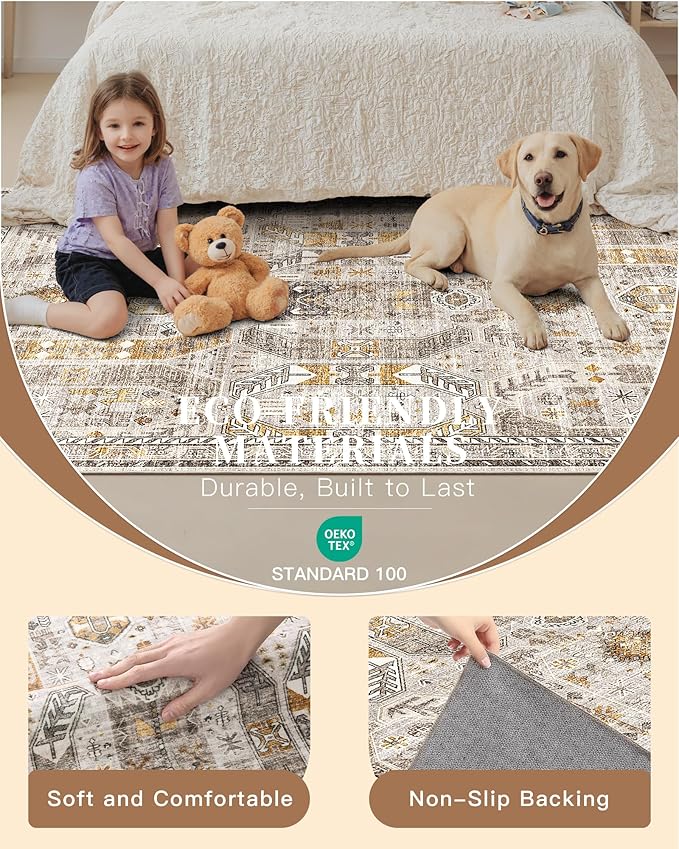 Madane Hallway Runner Rug 2'6''x12' Kitchen Runner, Non Slip Vintage Runners for Hallways Washable Kitchen Rugs Soft Low Pile 2.5x12 ft Rug Runner for Laundry Room, Entryway and Bedroom, Brown/Gold