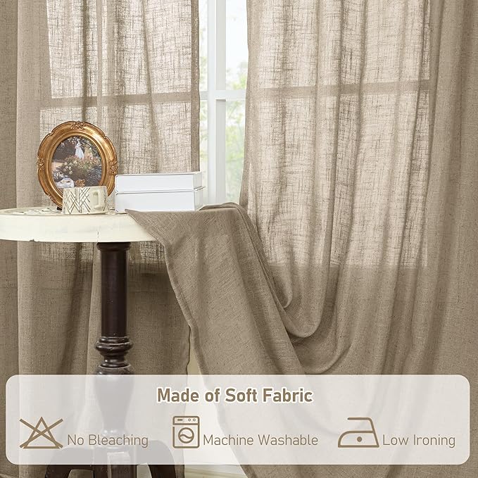 LAMIT Taupe Linen Curtains for Bedroom, 72 Inch Length Light Filtering Semi Sheer Panels Back Tab and Rod Pocket Neutral Drapes for Living Room, 2 Panels, 34 x 72 Inch