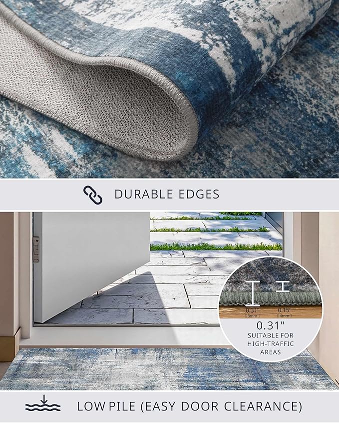 Latte&Fog 6x9 Area Rugs for Living Room Bedroom, Blue Modern Abstract Neutral Washable Rug, Boho Non Slip Low Pile Carpet for Dining Room, Dorm,College Dorm and Farmhouse -Blue Grey