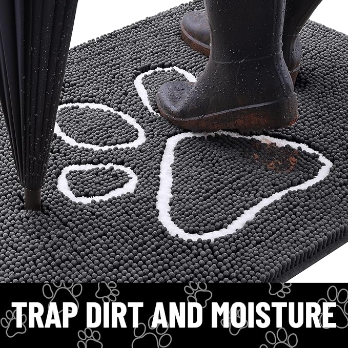 Smiry Dog Door Mat for Muddy Paws, Absorbent Dirt Trapper Non Slip Quick Dry Washable Chenille Mat for Mud Dogs, Entry Rug for Indoor and Outdoor (44x32 Inches, Dark Grey and White)