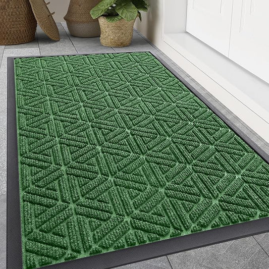 Smiry Front Door Mat Outside Entrance, Heavy Duty Sturdy Natural Rubber Doormat, Trap Dirt and Moisture, Easy Clean Low Profile Mats for Indoor Outdoor Entry, Grid Geometric (47x32, Green)