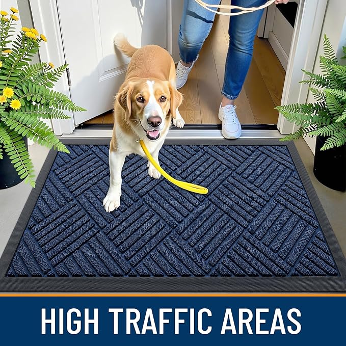 OLANLY Front Door Mat Outside Entrance 47x17, Absorbent, Heavy Duty Sturdy Natural Rubber Doormat Indoor Outdoor, Stain Fade Resistant, Non-Slip Low Profile Floor Mat for Entryway, Navy Blue Diamond