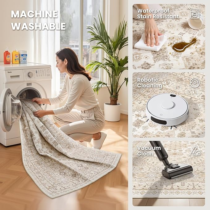 zesthome 12x15 Area Rugs, Large Washable Rug, Ultra-Thin Stain Resistant Rugs for Living Room, Bedroom, Non-Slip Backing Home Decor Area Rug (Cream/Beige,12'x15')