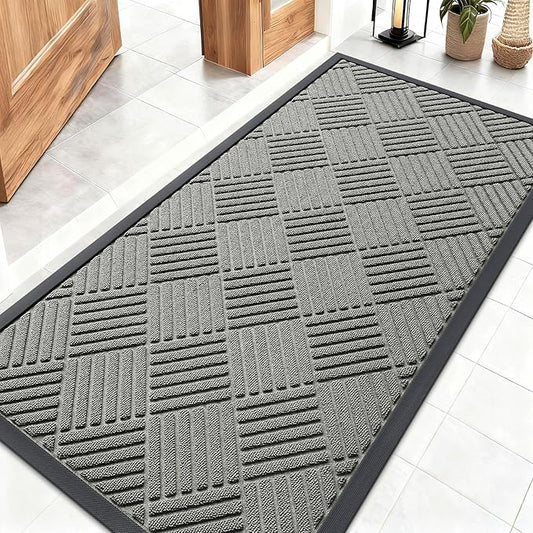 OLANLY Front Door Mat Outside Entrance 47x23, Absorbent, Heavy Duty Sturdy Natural Rubber Doormat Indoor Outdoor, Stain Fade Resistant, Non-Slip Low Profile Floor Mat for Entryway, Modern Gray Diamond
