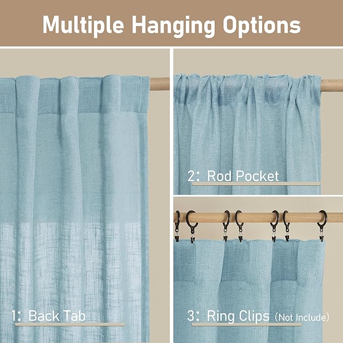 LAMIT 36 Inch Length Linen Curtains for Small Windows, Semi Sheer Light Filtering Panels Back Tab and Rod Pocket Country Decor Drapes for Basement/Kitchen, Stone Blue, 2 Panels, 34 x 36 Inch