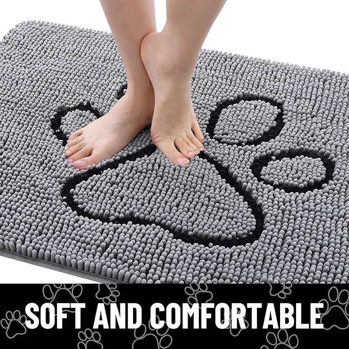 Smiry Dog Door Mat for Muddy Paws, Absorbent Dirt Trapper Non Slip Quick Dry Washable Chenille Mat for Mud Dogs, Entry Rug for Indoor and Outdoor (45x27 Inches, Grey and Black)