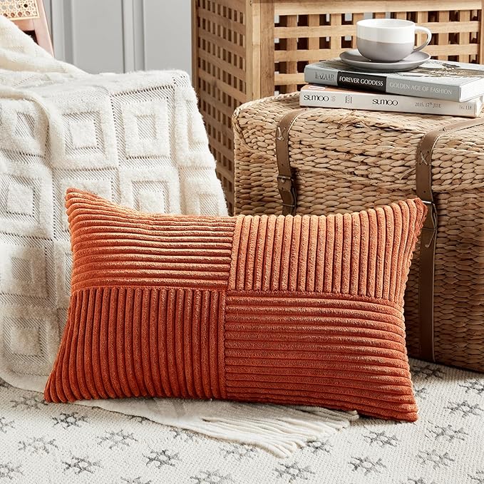 Fancy Homi Set of 2 Burnt Orange Lumbar Decorative Throw Pillow Covers 20x28 Inch for Living Room Couch Bed, Boho Farmhouse Fall Home Decor, Soft Corduroy Corss Patchwork Cushion Case 50x70 cm