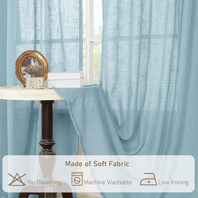 LAMIT Short Linen Curtains 30 Inch Length for Cafe, Semi Sheer Light Filtering Panels Back Tab and Rod Pocket Room Decor Drapes for Basement/Small Window, Stone Blue, 2 Panels, 34 x 30 Inch