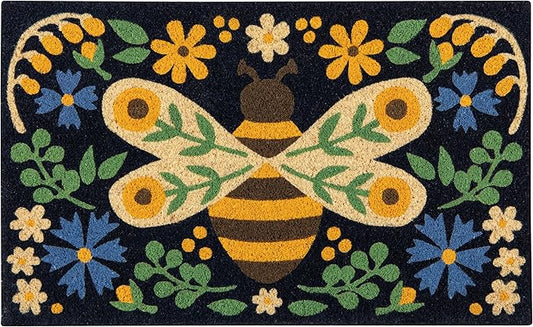 Now Designs Bee Garden Doormat, 18x30in, Coir Fiber with Vinyl Backing, Fade Resistant, Folk Art-Inspired Design