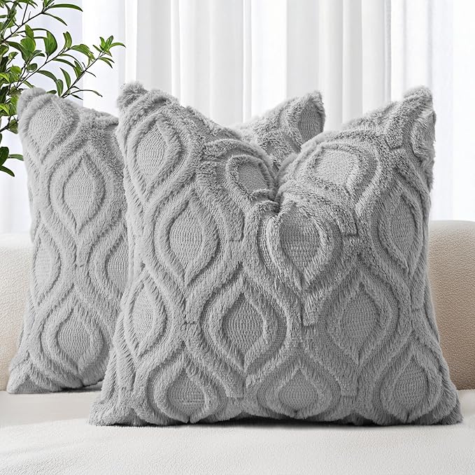 decorUhome Throw Pillow Covers 20x20 Inch Set of 2, Soft Plush Faux Wool Grey Solid Couch Pillow Covers, Accent Farmhouse Neutral Square Pillow Cases for Sofa Bed Living Room