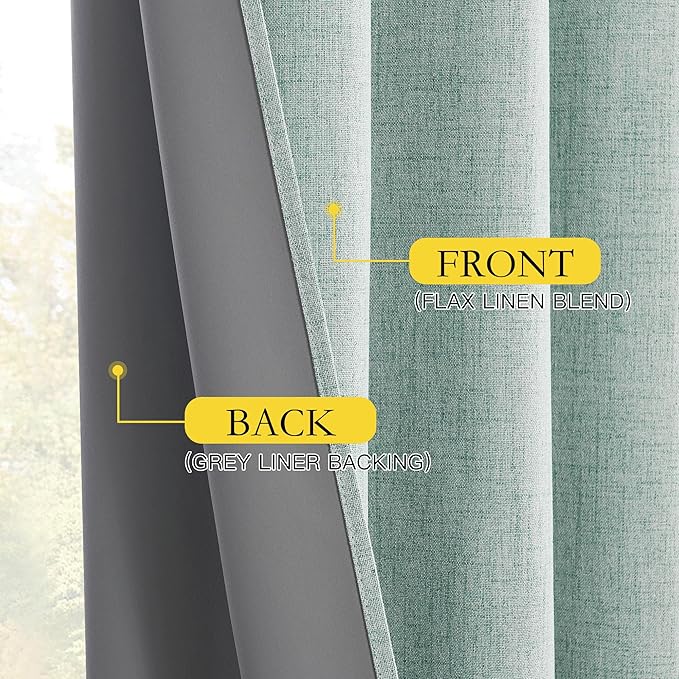 NICETOWN 100% Absolutely Blackout Linen Curtains with Thermal Insulated White Liner, Seafoam Green, 52" Wide, 95" Length Energy Saving Curtains for Living Room 2 Panels Set, Vertical Blinds