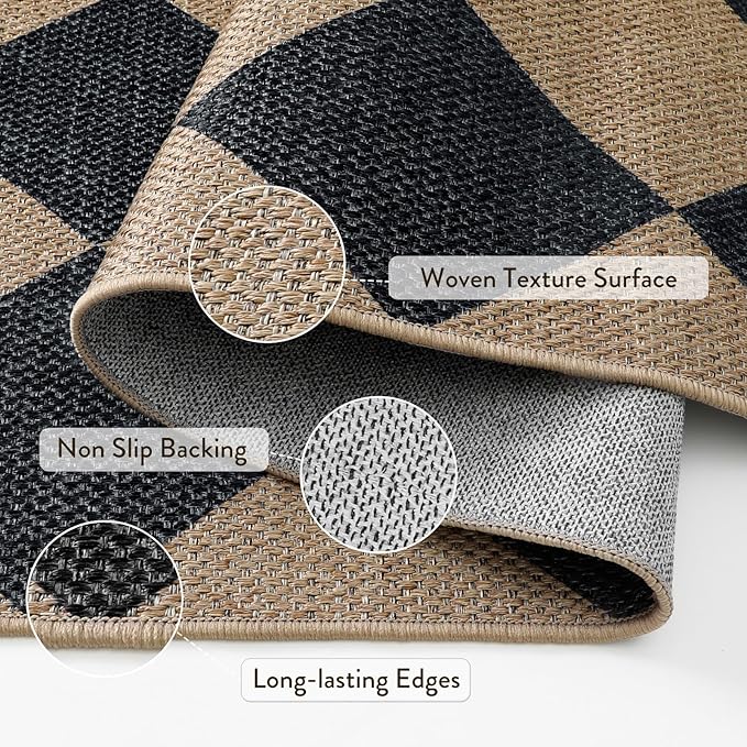 Lahome Colette Checkered Easy Jute 3x5 Outdoor Patio Rug, Washable Rugs for Entryway Diamond Indoor Outdoor Living Room Carpet, Farmhouse Neutral Non Slip Black Door Carpet for Backyard Bedroom