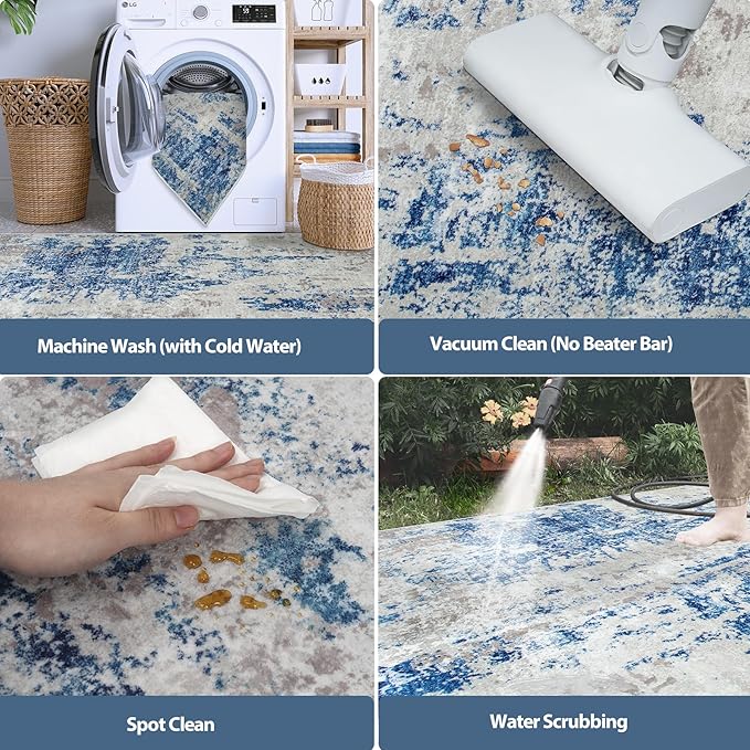 9x12 Area Rugs for Living Room Rug Washable: Abstract Large Rug for Dining Room Bedroom Carpet Non Slip 9 by 12 Indoor Modern Nursery Home Office Blue Grey White