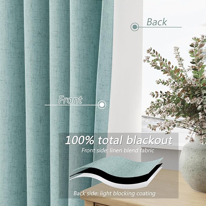 Guken Light Blue 100% Blackout Linen Curtains 108 Inch Length 2 Panels Set for Living Room Bedroom Back Tab/Rod Pocket Thermal Insulated Black Out Drapes Room Darkening Farmhouse Window Curtains