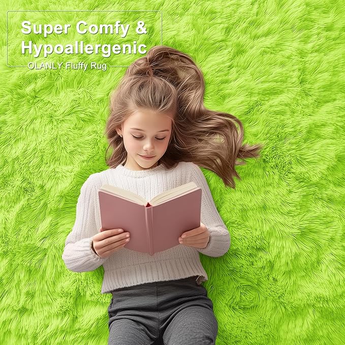 OLANLY 5x7 Machine Washable Large Area Rugs for Living Room, Bedroom, Soft Fluffy Shaggy Bedside Rug, Indoor Floor Carpet for Kids Girls and Boys, Dorms, Nursery, Home Decor Aesthetic, Lime Green