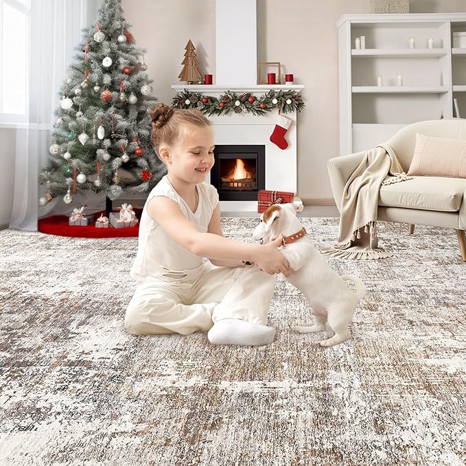 Area Rug Living Room Rugs - Washable Neutral Modern Abstract Soft Thin Rug Indoor Floor No Slip Rug Carpet for Bedroom Under Dining Table Home Office Decor - Brown/Grey/Red - 9x12