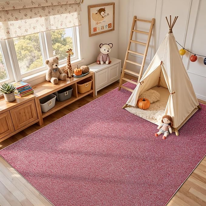 FinRèc 5x7 Washable Area Rugs for Bedroom Living Room, Low Pile Thin Rug Solid Color, Non-Slip Carpet Indoor for Home Decor (Red)