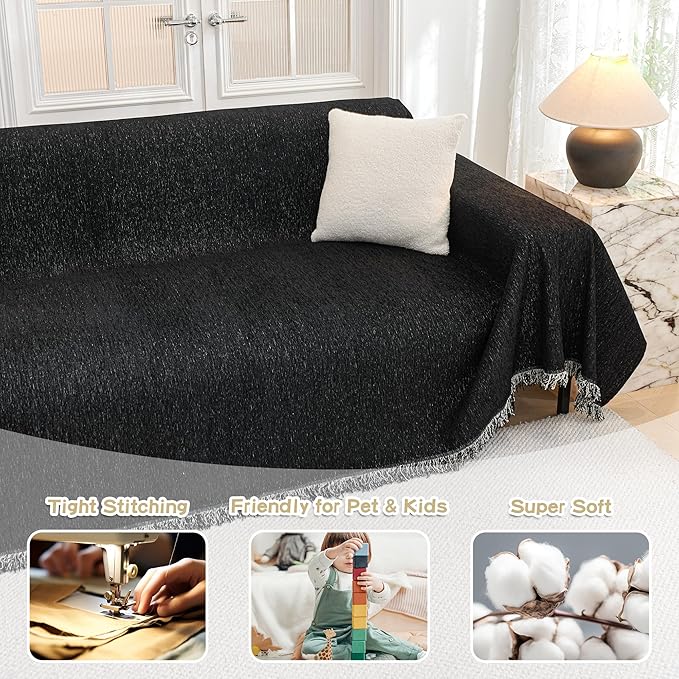 MYSKY HOME Black Chenille Sofa Slipcover Couch Covers for Sectional l Shaped Couch Pets Protector Furniture Covers Futon Cover Super Soft Washable Decorative Couch Covers for 3 Cushion, 91"x118"