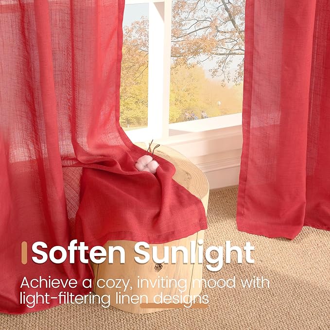 BGment Red Linen Curtains 63 Inches Long for Living Room, Semi Sheer Window Drapes Lightweight Rustic Country Textured Rod Pocket for Dining Bedroom, 2 Panels Set, Each 42 Inch Wide