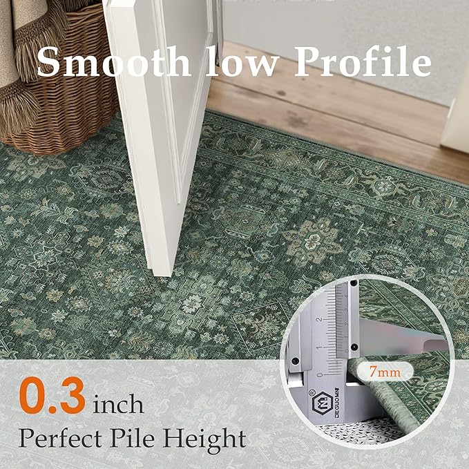 8x10 Washable Area Rug for Living Room Bedroom Vintage Green Non Slip Carpet Traditional Retro Soft Low Pile Large Throw Rug for Dining Room Kitchen Office Indoor