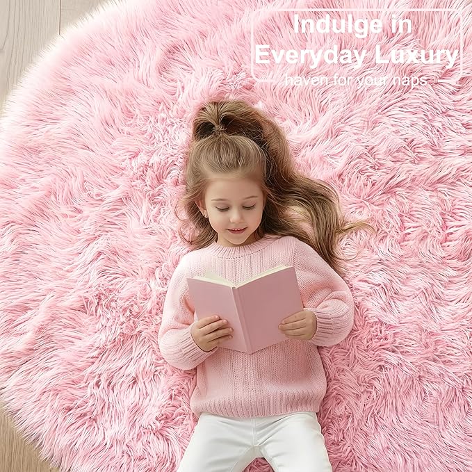 Amdrebio Light Pink Small Cute Round Rug 3Ft for Girls Bedroom, Fluffy Circle Area Rugs for Kids Room Decor Aesthetic, Shag Fuzzy Carpet for Nursery, Preppy Dorm, Classroom, Playroom, Teen, Baby