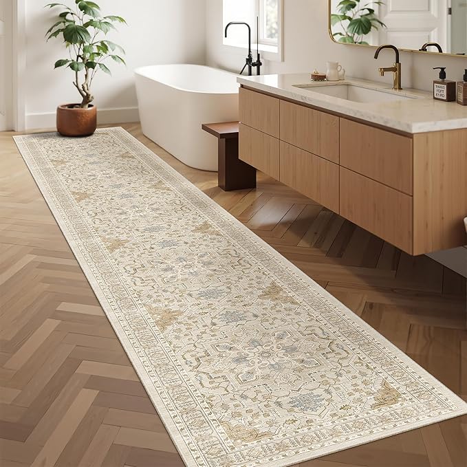 Madane Hallway Runner Rug 2x12, Long Washable Runner Rugs 12ft with Rubber Backing, Non Slip Carpet Runner, Vintage Rug Runners for Kitchen Laundry Room Entryway (Beige/Blue, 2'x12')