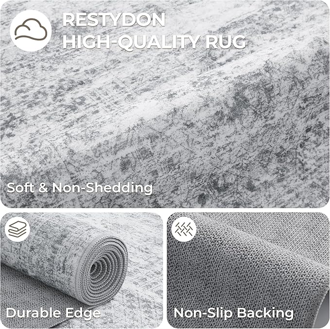Rug Runners for Hallways Non Slip - 2x8 Runner Rug for Bedroom, Washable Runner with Rubber Backing, Soft Low-Pile Carpet for Kitchen, Laundry, Bathroom (2'x8', Grey/Ivory)