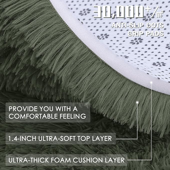 OLANLY Olive Green Round Rugs for Bedroom - Machine Washable, 6 ft Circle Area Rugs for Living Room, Soft and Fluffy Shaggy Carpet for Teen Girl and Boys, Nursery Rooms, Dorms, Home Decor Aesthetic