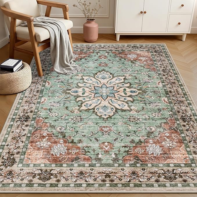 4x6 Area Rugs for Living Room: Washable Rug Soft Vintage Distressed Floral Carpet Indoor Floor Non-Slip Stain Resistant Large Carpets for Bedroom Dining Room Farmhouse Nursery Home Office Brown Green