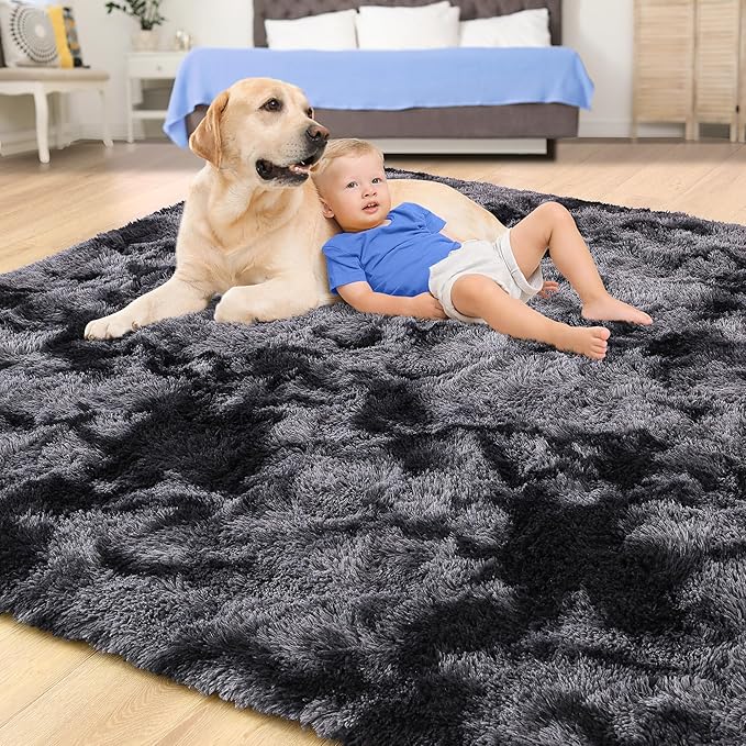 Tepook Fluffy Large Rugs for Living Room, Area Rug 6x9 Carpet for Bedroom, Modern Shaggy Rug for Kids Boys Girls, Plush Indoor Nursery Home Decor Rug with Non-Slip Bottom, Tie-dye Dark Grey