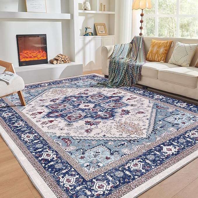 OPPODREAM Soft 6x9 Area Rugs, Washable Rug 6x9 with Non Slip Backing, Faux Cashmere Low-Pile 6 x 9 Carpet, Navy Blue & Red & Cream