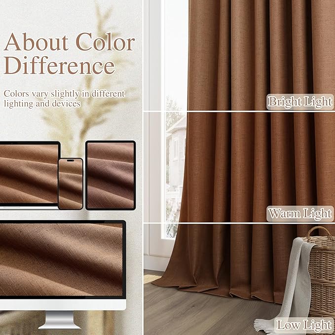 Guken 100% Blackout Linen Curtains 108 Inch Length 2 Panels Set for Living Room Bedroom Back Tab Thermal Insulated Black Out Linen Drapes Room Darkening Window Curtains,Caramel Brown