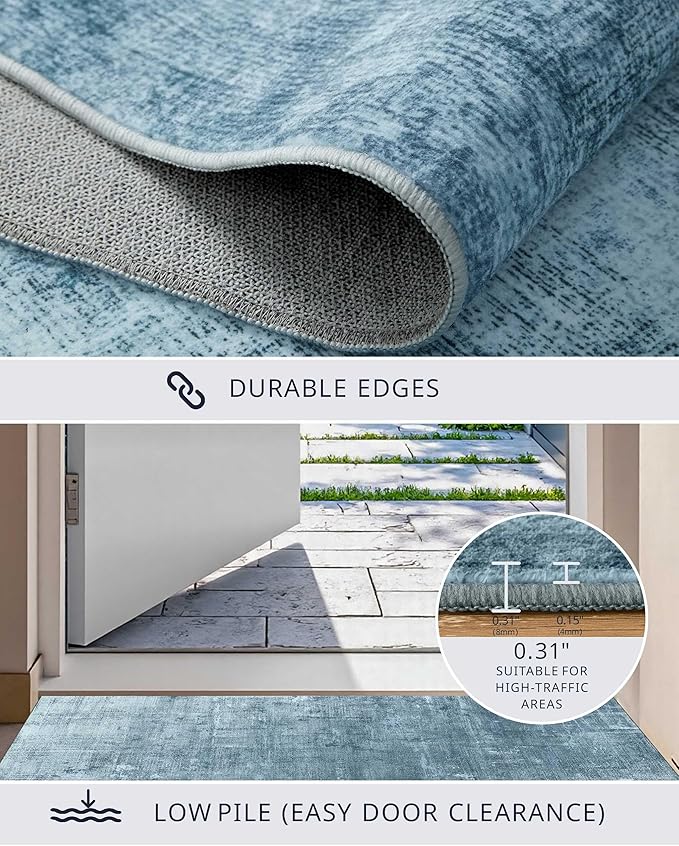 Latte&Fog 5x7 Area Rugs for Living Room Bedroom, Blue Modern Abstract Neutral Washable Rug, Boho Non Slip Low Pile Carpet for Dining Room, Dorm, Classroom, College Dorm, Farmhouse and Kids Room - Blue
