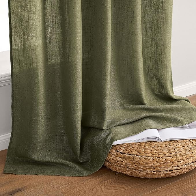 MIULEE Light Olive Green Linen Curtains 108 Inches Long 2 Panels for Bedroom Living Room, Soft Linen Textured Natural Window Drapes Semi Sheer Light Filtering Back Tab Rod Pocket Burlap Look Decor