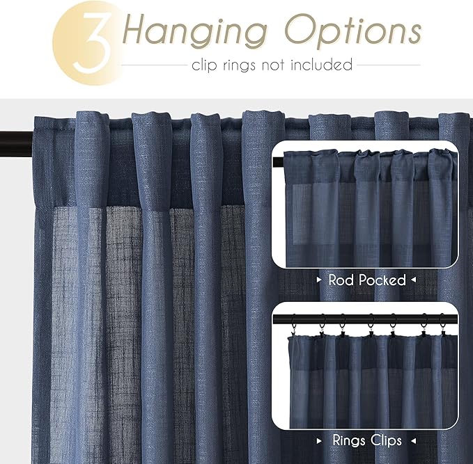 Navy Blue Curtains 86 inch Length for Bedroom Back Tab Light Filtering Semi Sheer Blue Living Room Curtains Linen Cotton Textured Indigo Blue Drapery Panel Modern Farmhouse Aesthetic Decor Dark Blue